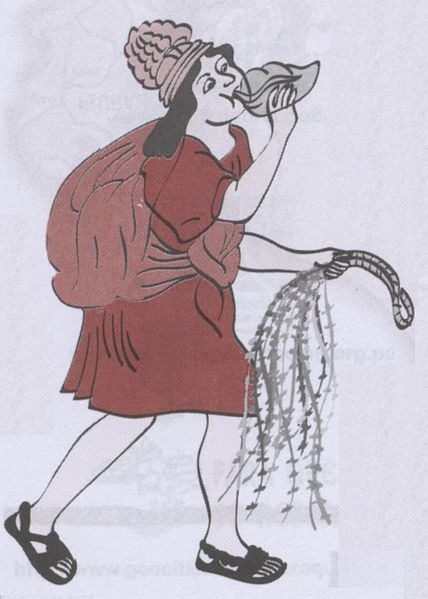 A ch'aski portrayed carrying a qepe, a pututu and a quipu.