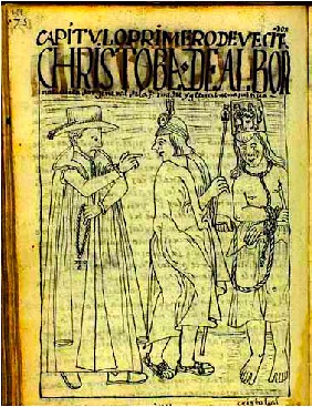 The church inspector, Cristobal de Albornoz, with the help of his native assistant, administers punishment during an extirpation of idolatries campaign. From a drawing by Felipe Guaman Poma de Ayala.