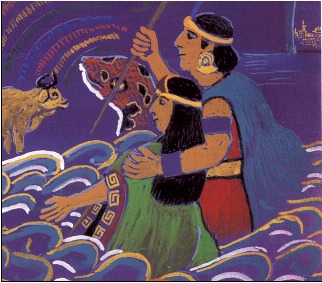 Incas (def. 2) emerging from one of their cities in the water in a detail from a painting by vegetalista Pablo Amaringo.