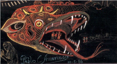 Jenin-Yushinbaon Carcel. Those who wish to enter arrive by boat (right), leaving it to be received by the guardians standing in the animal's mouth. One cannot enter from above, where it has various well-situated radars. Note the yakuruna eating a fish in the lower left corner. A detail from a painting by vegetalista Pablo Amaringo of one of his visions.