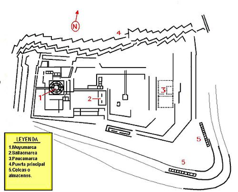 A map of Sacsahuaman showing the locations of Muyuq Marca (1) and the two other towers, Sallamarca (2) and Paucamarca (3). (The latter two towers were cubicle in shape rather than round like Muyuq Marca.)