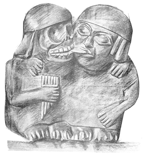 Mochica vase showing an erotic scene of a woman and a skeleton.