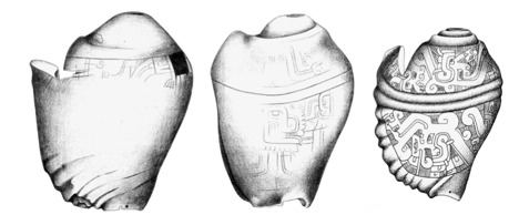 Top: Strombus shell trumpets. Wear has effaced the engravings on the first two. Bottom: Engraved cornice from Chavin de Huantar showing a procession with priests blowing conch shells.