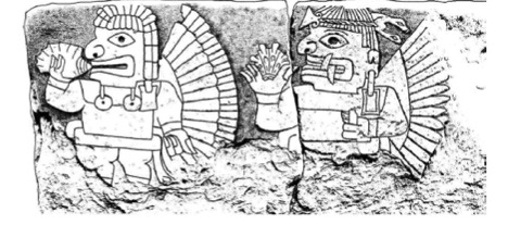 Top: Strombus shell trumpets. Wear has effaced the engravings on the first two. Bottom: Engraved cornice from Chavin de Huantar showing a procession with priests blowing conch shells.
