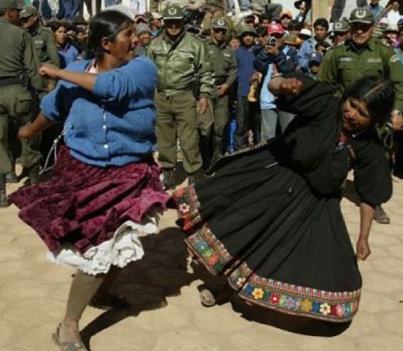 Bolivian women settle their differences at the annual Tinku festival.