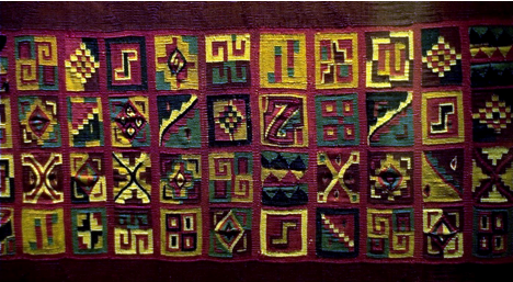 Examples of tukapu. The top left graphic is a tunic, with a slit for the wearer's head to go through and, top right, Guamán Poma's drawing of Wiracocha Inca wearing such a tunic. The bottom graphic is a weaving.