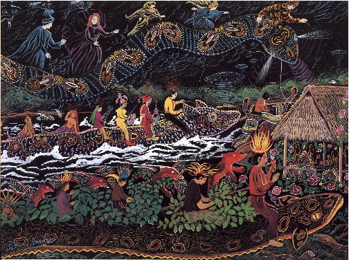 The three powers. Painting by Pablo Amaringo, an ayahuascero, of one of his visions. The top power is Wayramama, mother of the air; in the center is Yakumama, mother of the waters; and at the bottom is Sach'amama, mother of the forest.