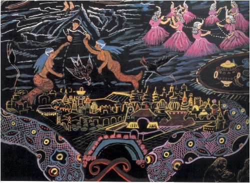 Yakumamas. Detail from a painting by Pablo Amaringo, an ayahuascero, of one of his visions. Here, the mamas are guarding the gates of a golden city beneath the waters, into which a muraya is being led by two mermaids. The mamas are guarding the city with their tongues, and they capture anyone who tries to enter by force. Yakuruna can be seen eating fish (lower right corner).