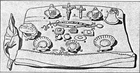 An Aymara mesa for summoning the spirits (#1 above). (1) Small brass bell; (2 and 4) Scallop shell with a small bottle of red wine placed inside it; (3) two small bone crucifixes; (5) old rosary with two crucifixes and three religious medals; (6) small square stone mesa with iron pyrites, representing gold, on top of it; (7) small stone mesa to serve as a spirit seat; (8) small square stone mesa with galena ore, representing silver, on top of it; (9) piece of mirror glass covered by an old silver coin, representing Lake Titicaca; (10 and 11) perforated round brass balls, representing lightning; (12) three large scallop shells, each with a smaller one placed inside; these also serve as spirit seats; (13) bivalve shell with the halves closed containing a seed and a snail shell.
