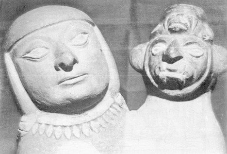Partial view of a Mochica ceramic piece showing a mythological animal copulating with a woman.